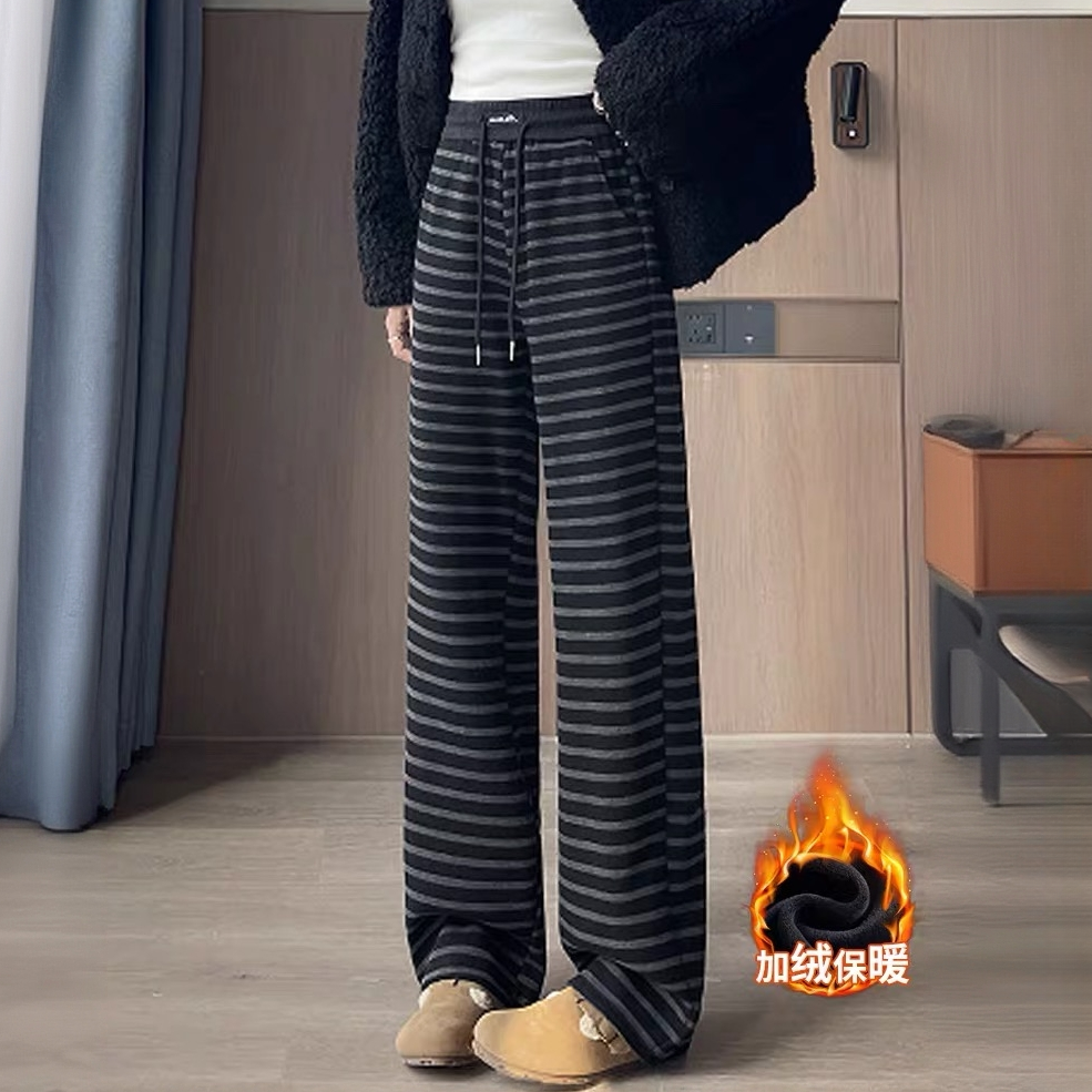窄版阔腿裤女秋冬季加绒休闲小个子加厚条纹高腰显瘦梨形穿搭女裤