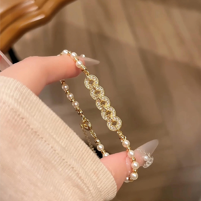 铜合金手链 新中式金色钱币珍珠手链秋冬复古精致百搭贵气手饰