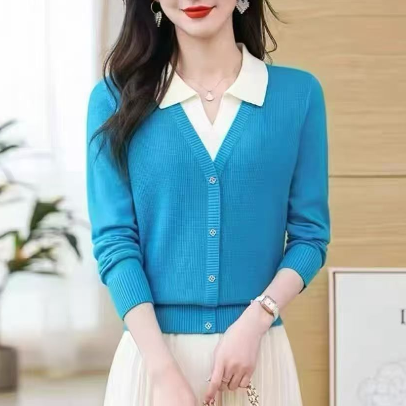 网红秋冬新款针织打底衫女翻领拼色气质洋气毛衣女宽松假两件上衣