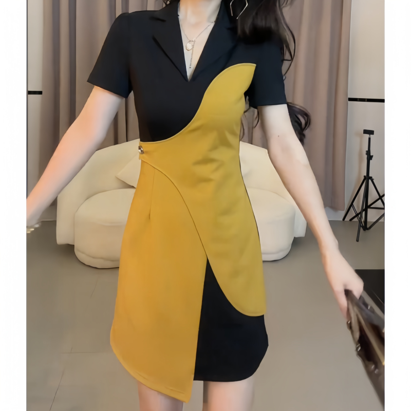 秋季胖mm时尚风气质拼色短裙v领套头轻奢法式A字不规则休闲连衣裙