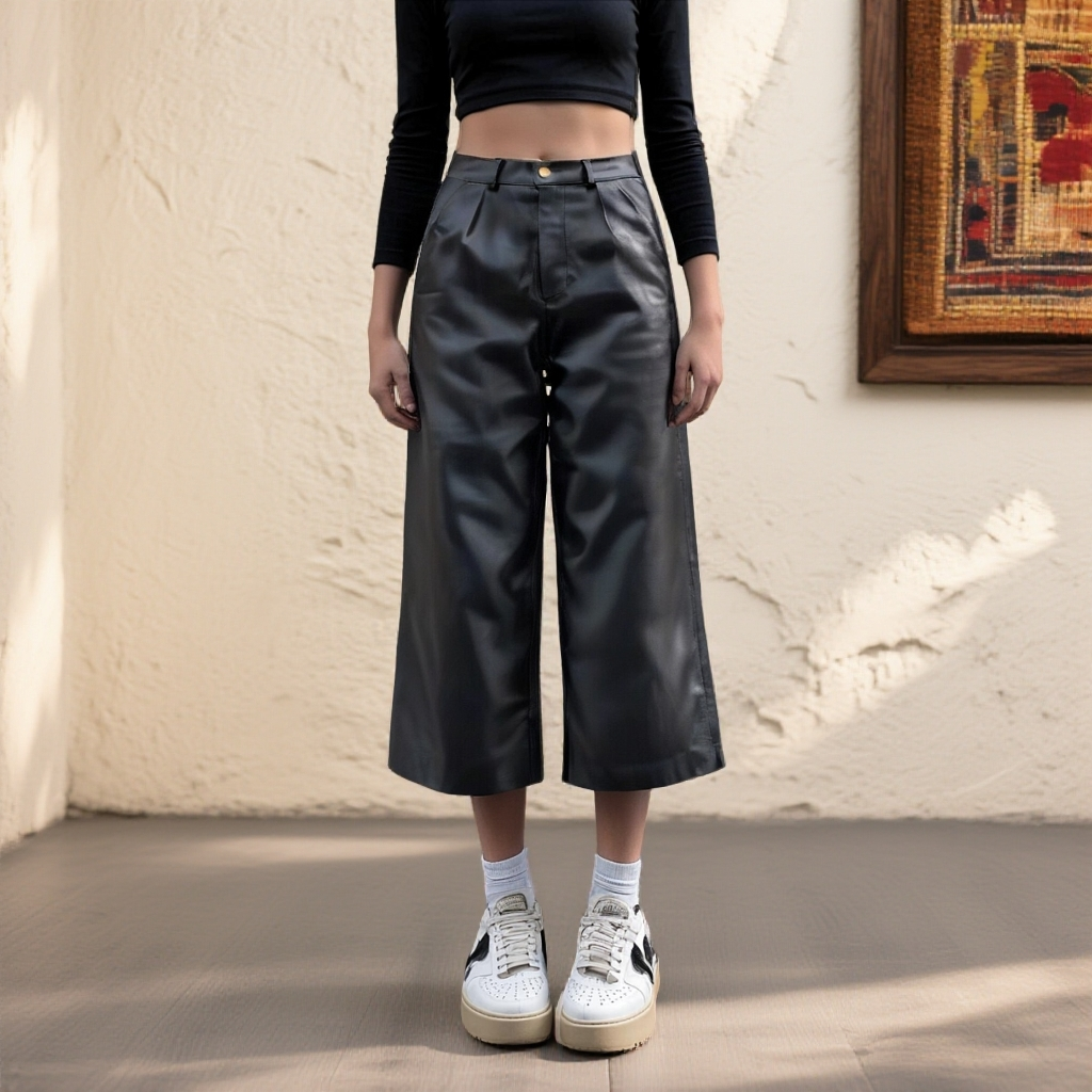 001头层小牛皮八分女款皮裤小个子窄版直筒裤