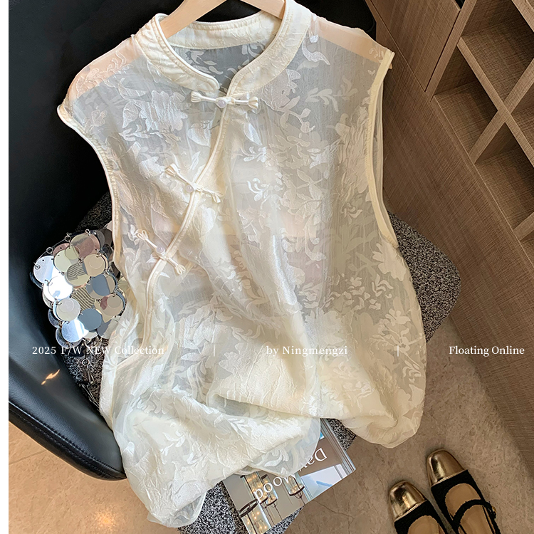 新中式提花斜襟盘扣无袖衬衫女2025夏季新款法式温柔气质马甲背心