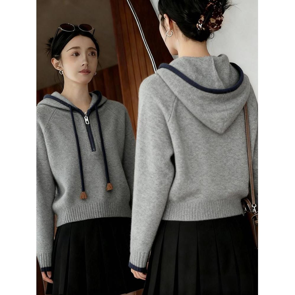 韩系灰色慵懒风气质连帽针织衫女秋冬新款休闲百搭宽松显瘦上衣潮