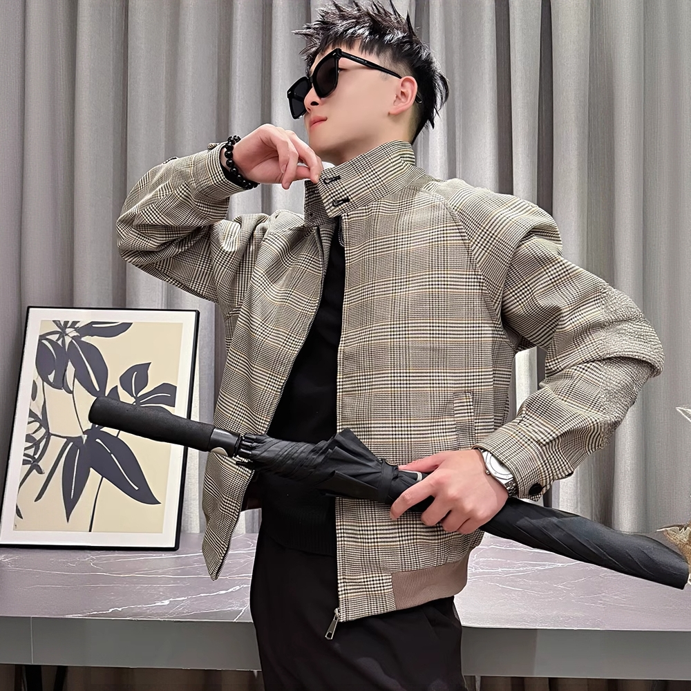 2025秋季新款痞帅立领夹克高级感潮牌格子褂子男装潮流休闲外套