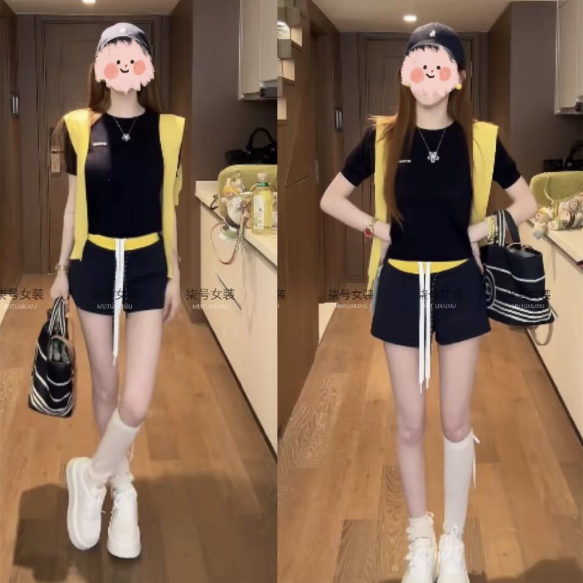 夏季时尚气质修身显瘦百搭短袖上衣配披肩腰头拼接短裤三件套女