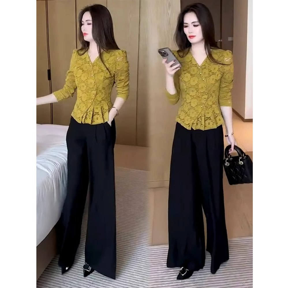 时尚套装女2025春季新款时髦洋气长袖蕾丝衫阔腿裤显瘦气质两件套