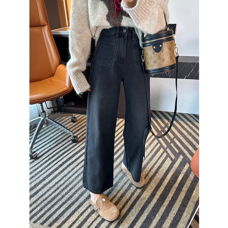 黑灰色九分直筒裤百搭秋季新款梨形身材高腰显瘦弹力阔腿牛仔裤子