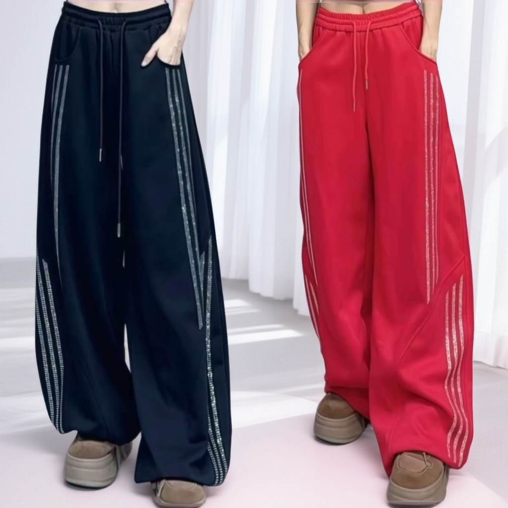 3934#复合棉闪钻弯刀裤条纹阔腿裤时尚休闲微弹阔腿长裤