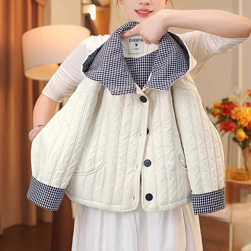 女童夹棉绗棉外套2025新款秋冬加厚二棉连帽格子拼色棉服保暖深秋