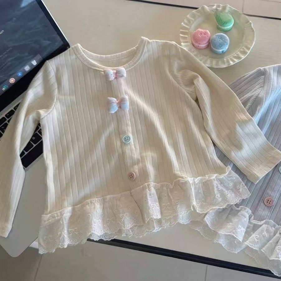 2025秋季新款女童甜美蝴蝶结蕾丝花边打底上衣洋气女宝宝长袖T恤