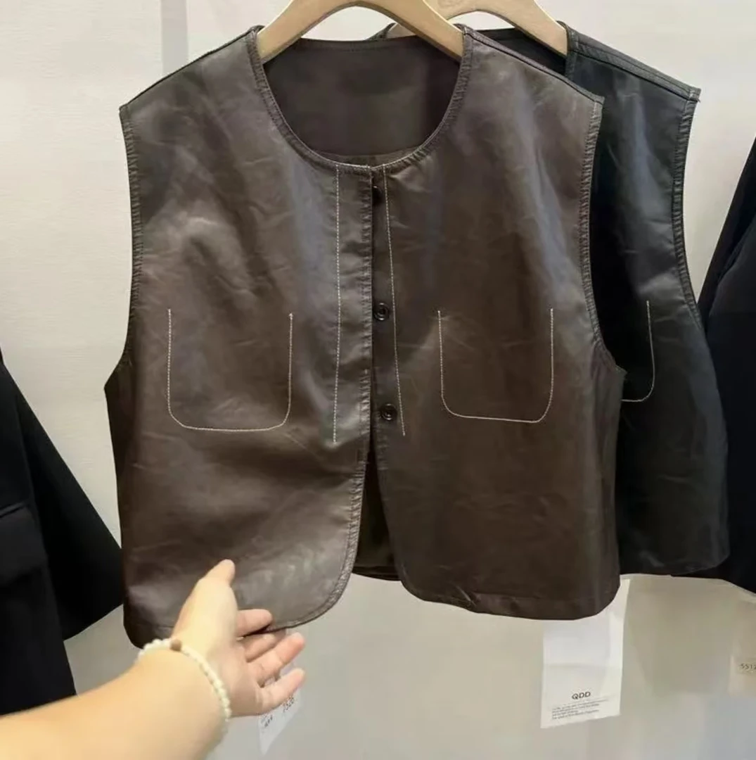 【柔软蛋白皮】PU皮衣马甲秋季休闲洋气圆领单排扣透气简约宽松马夹