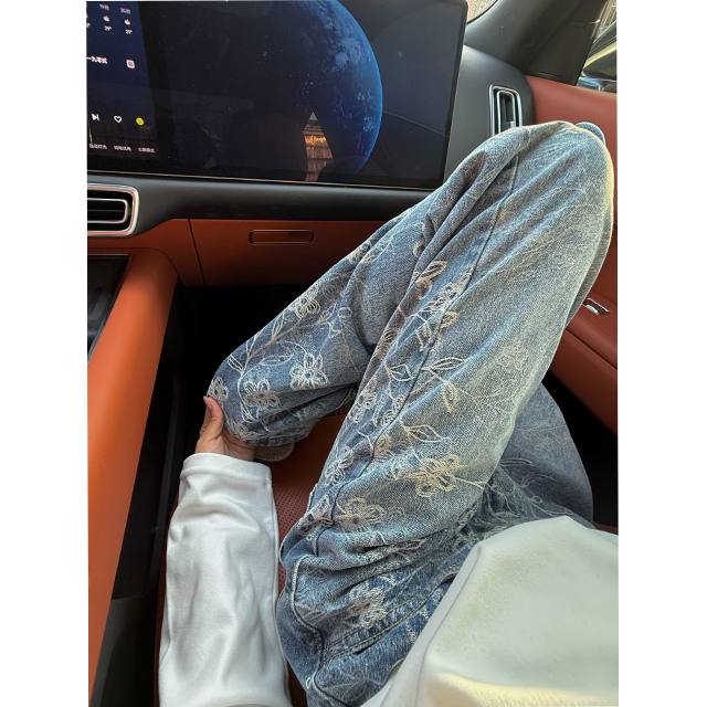 秋季新款蓝色刺绣提花牛仔裤男潮牌复古美式风裤子水洗直筒长裤