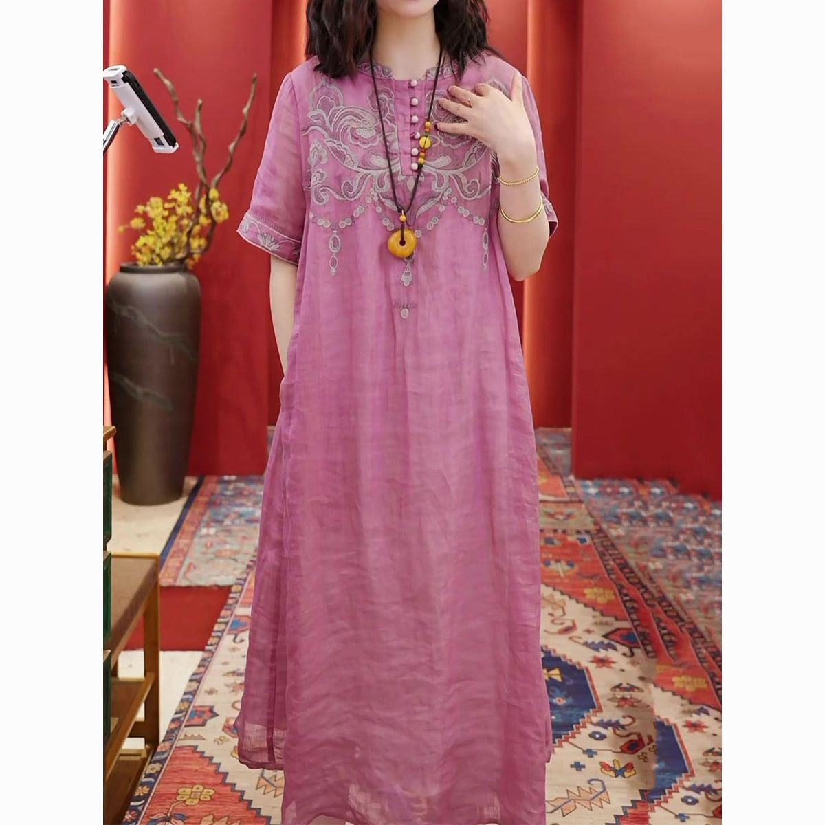 新中式国风丝麻刺绣改良旗袍裙女2025夏季新款宽松显瘦气质A版裙