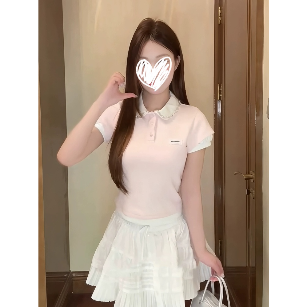 粉色拼接假两件Polo水钻领短袖弹力打底T恤女气质小众不撞款上衣