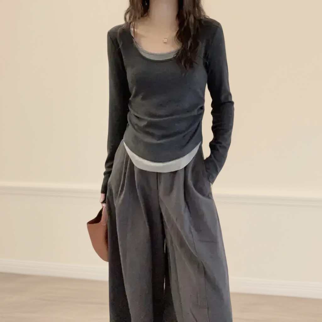 独特假两件圆领长袖T恤女春秋季撞色收腰内搭打底衫正肩上衣女装