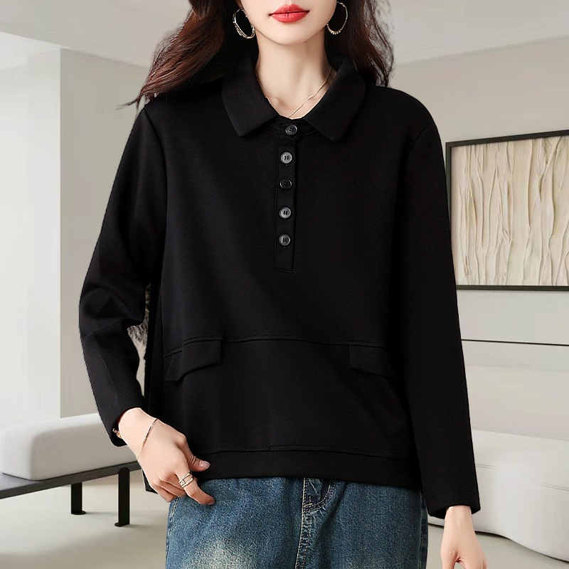 黑色翻领长袖T恤女士秋季2025新款时尚减龄宽松显瘦休闲气质上衣