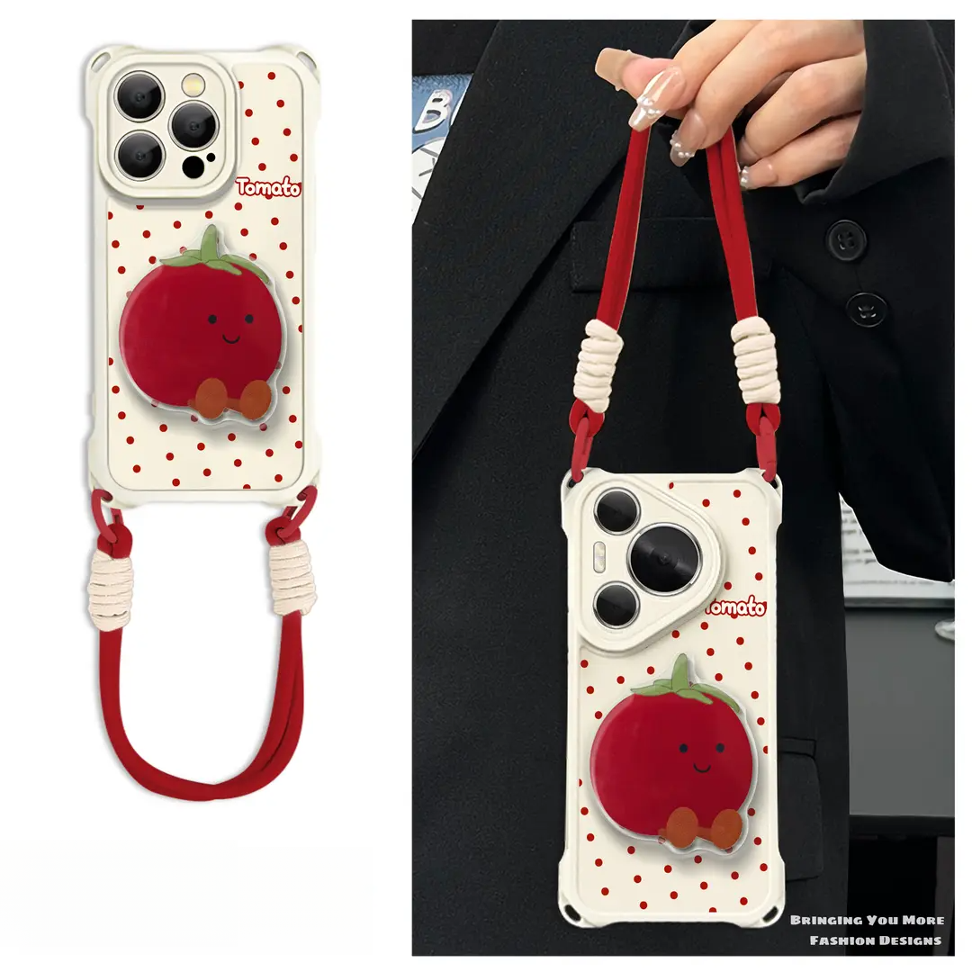 适用红色波点于苹果16高级感潮流四角挂绳手机壳华为OPPO小米VIVO