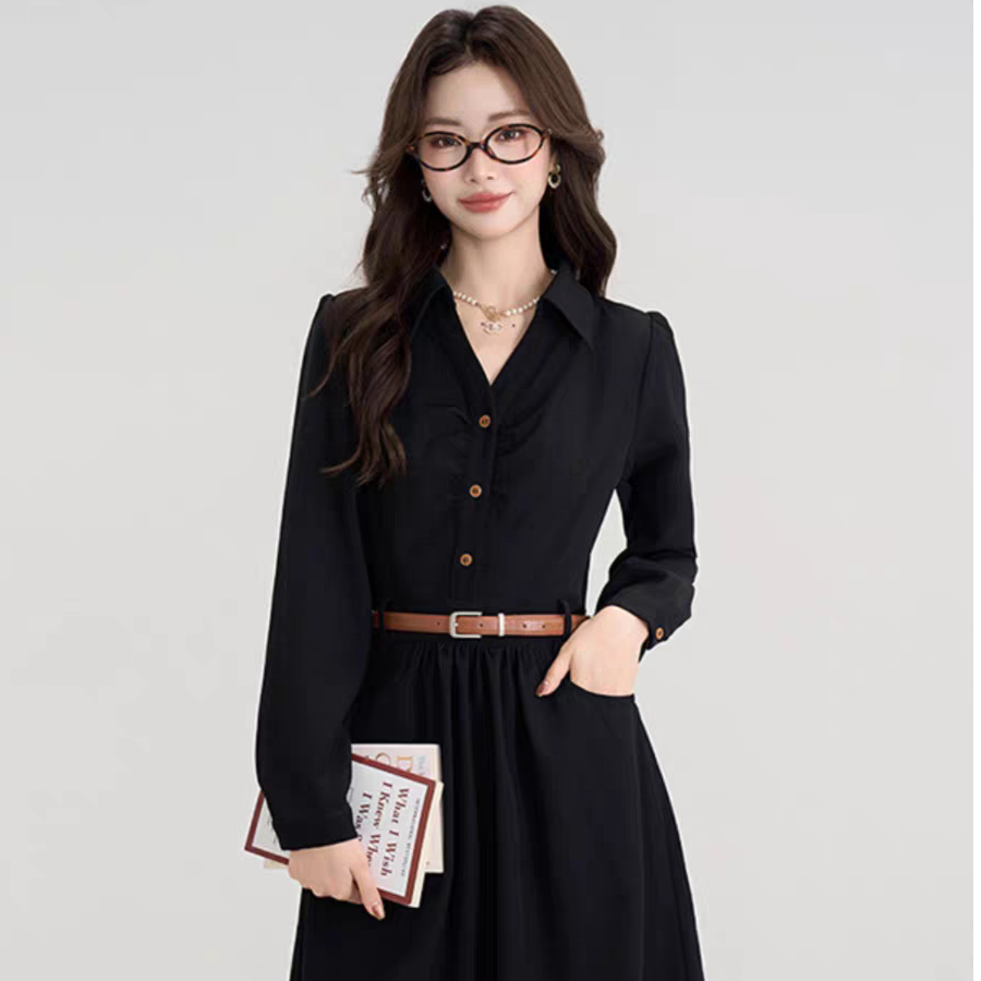 （80-200斤）法式气质衬衫裙赫本风小黑裙女秋季新款连衣裙1942