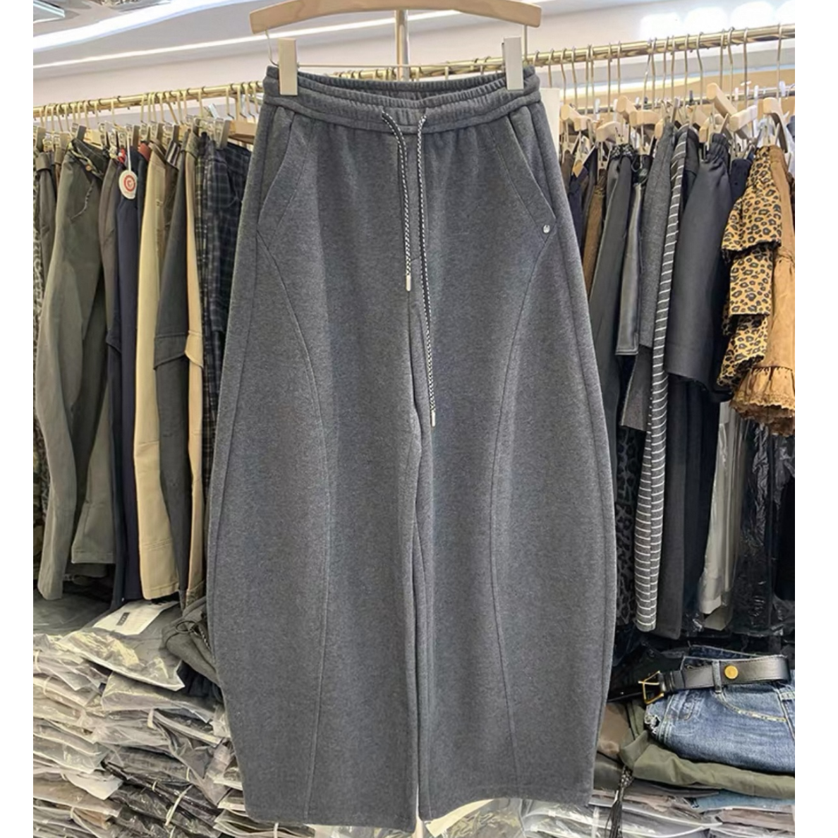 2025冬季弯刀裤保暖慵懒风阔腿裤休闲裤女士灰色直筒裤长裤