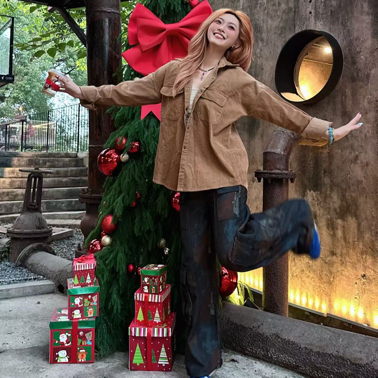 美式复古街头迷彩拼接多口袋工装牛仔裤女宽松直筒阔腿设计感