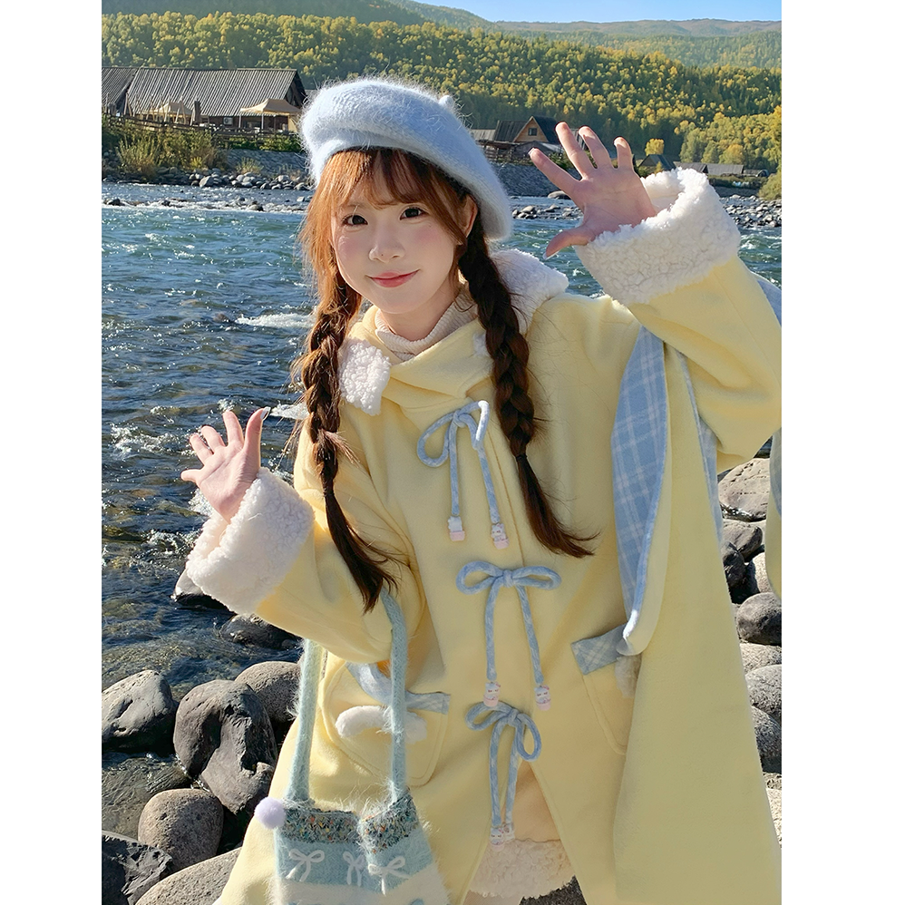 芝士奶盖 秋冬新款日系甜美氛围感中长款连帽奶黄色拼毛毛呢外套