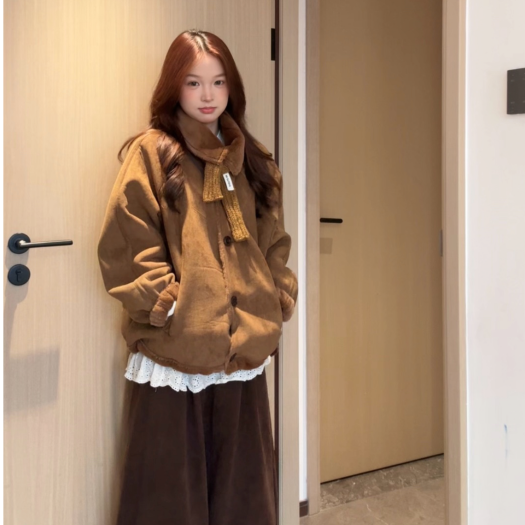 韩系拼接仿兔毛高端防风保暖秋冬外套