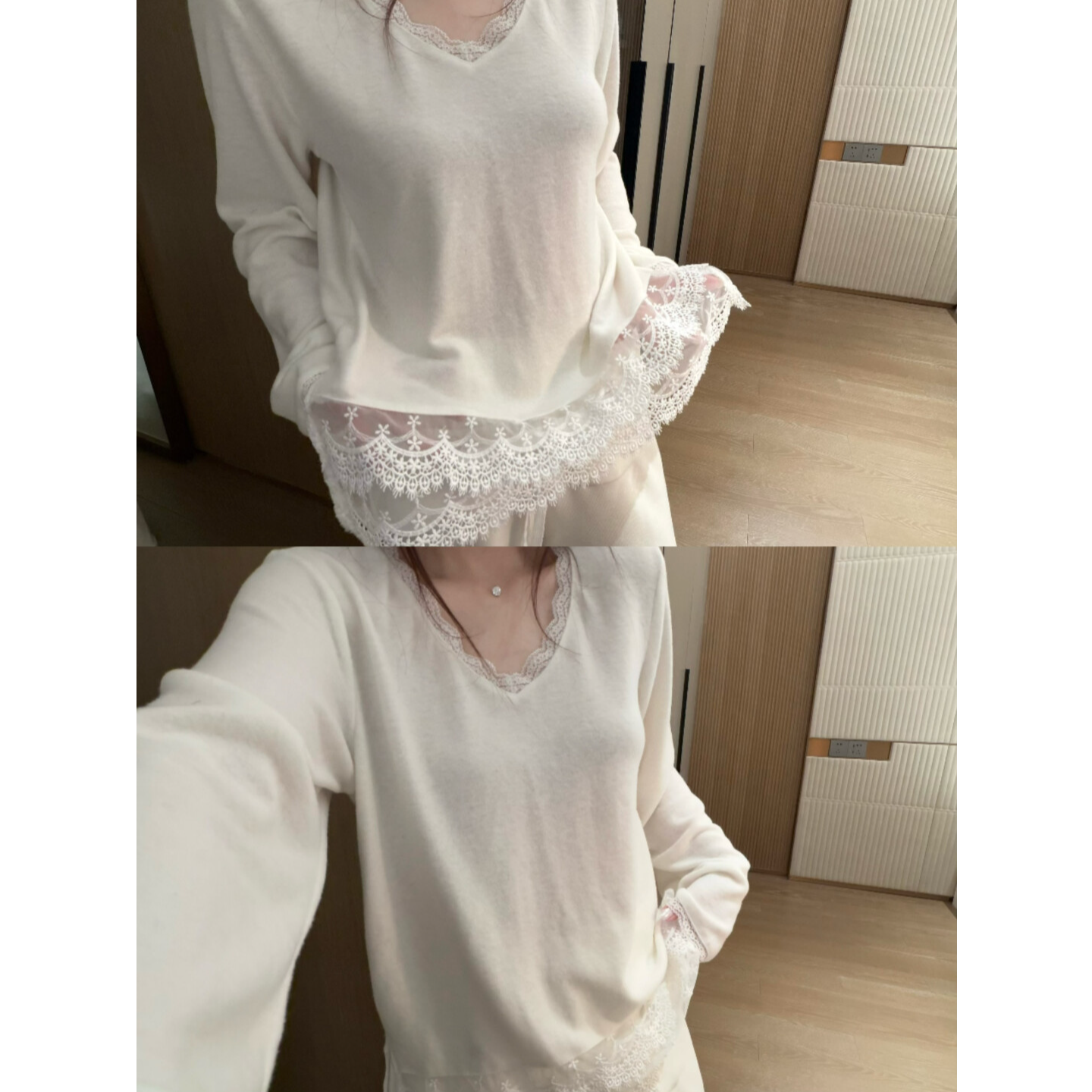 拼接蕾丝慵懒风纯色宽松女秋冬新款磨毛加厚显瘦休闲内搭打底上衣