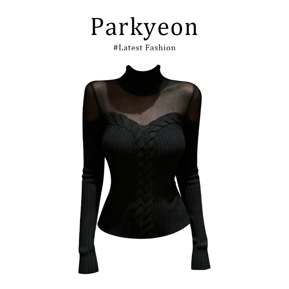 parkyeon立体半高领微透拼接麻花针织衫女冬季收腰显瘦打底衫