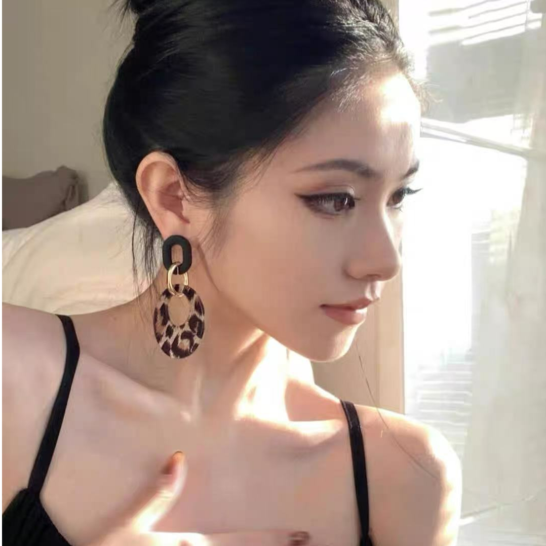 铜合金亚克力耳饰 豹纹几何圆圈耳环欧美复古时尚辣妹耳环港风