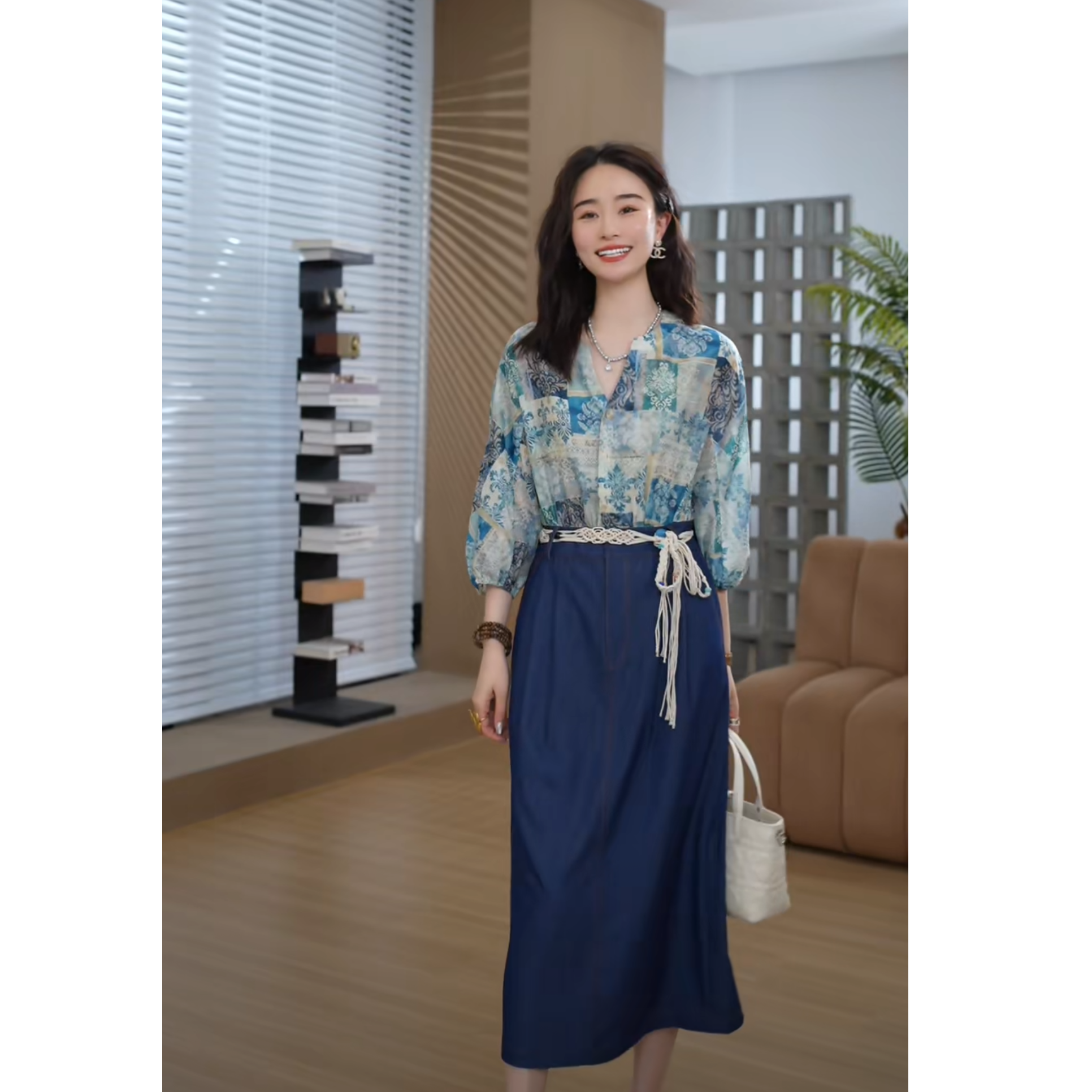 HELAAOMI“海岛跫音”莱赛尔减龄短袖小众设计拼接连衣裙CY5BB72643