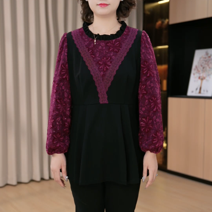 大码圆领显瘦长袖上衣秋季衬衫立体装饰拼接常规袖妈妈装ZB6529