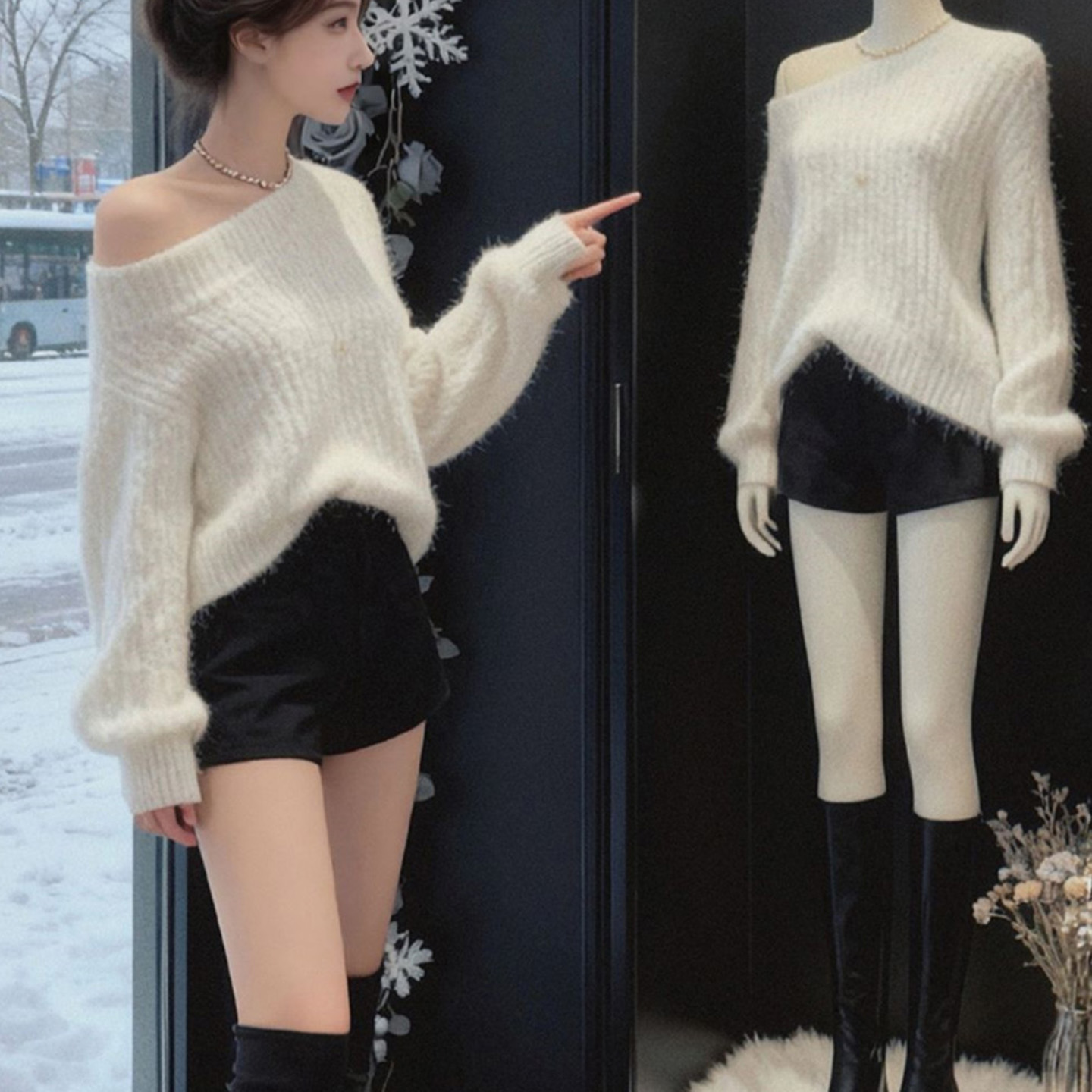 慵懒风气质软糯白色露肩毛衣女装2025秋冬新款时髦漂亮针织衫上衣