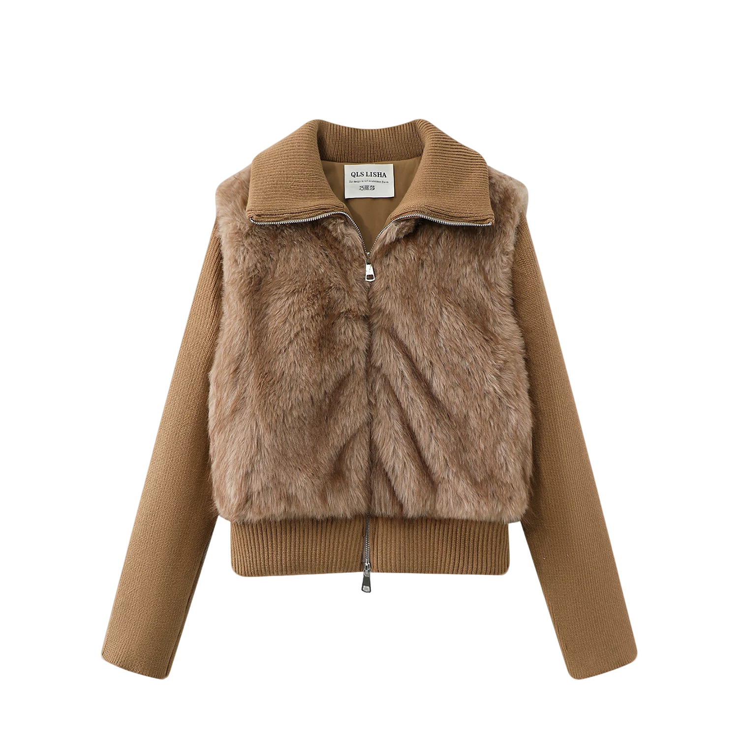 秋冬新款毛毛外套冬季针织拼接气质保暖抗风短款百搭女装翻领