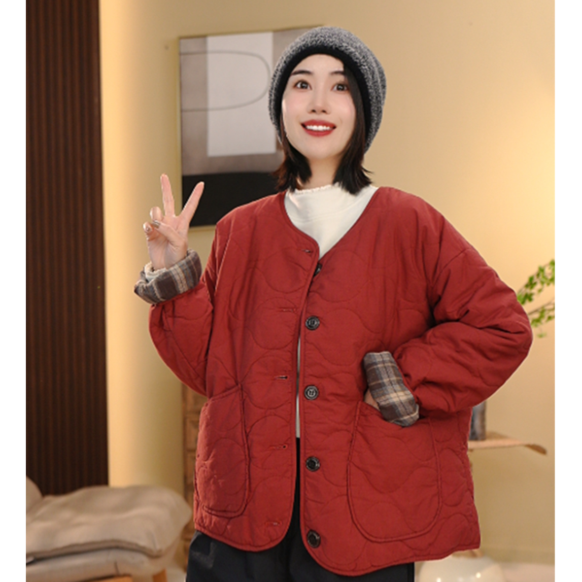 BEIJU 2025新款复古棉服女宽松圆领口袋显瘦百搭保暖棉袄外套7209