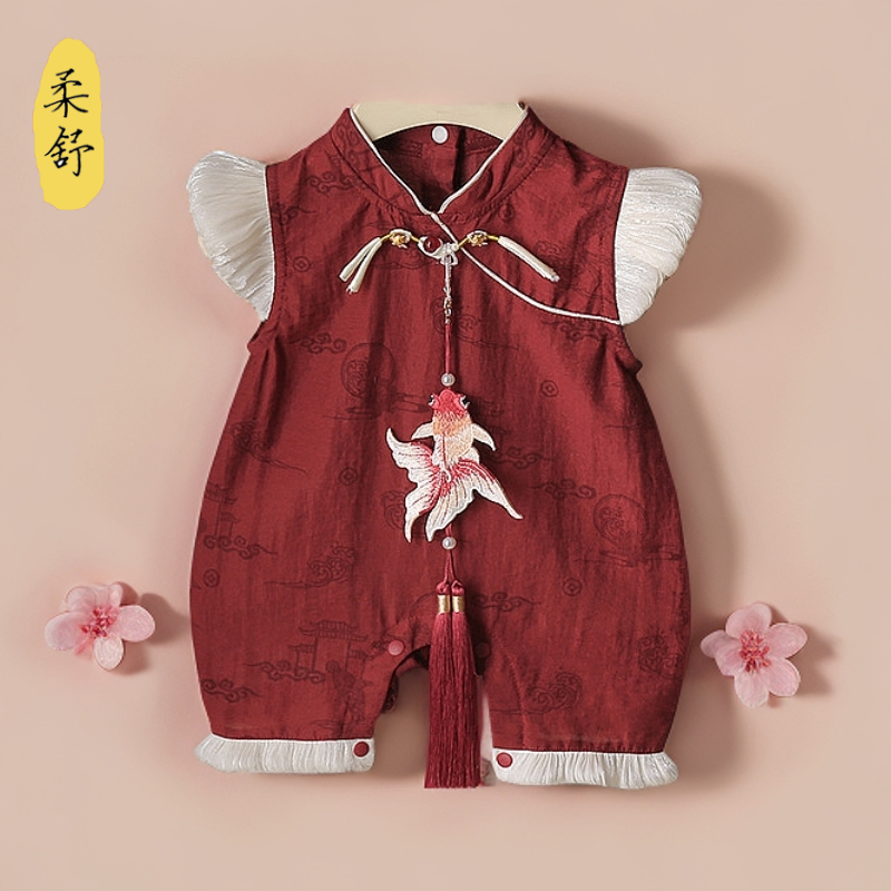 周岁婴儿礼服短袖夏款国风女宝宝连体衣抓周百天宴中式包屁衣夏款