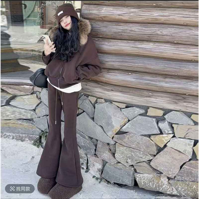 女童加绒琥珀流光大毛领外套喇叭裤子两件套装2025秋冬装