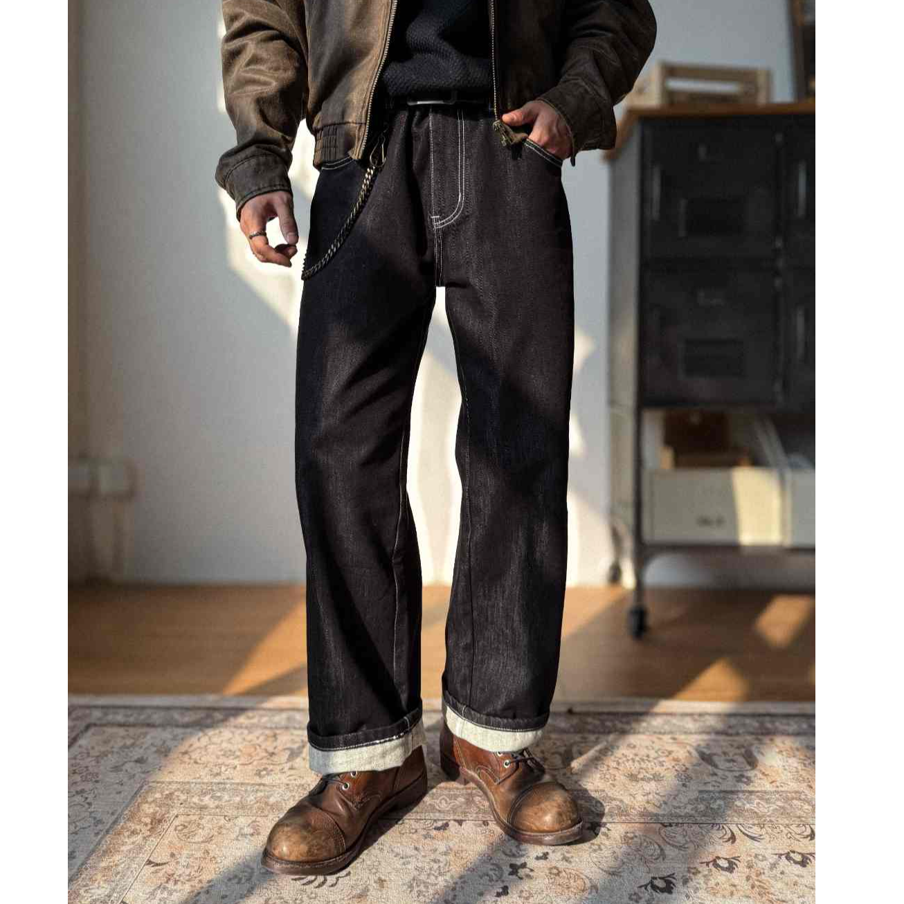 HEIYU 美式复古重磅直筒阔腿水洗放掉色植绒牛仔裤休闲裤长裤郝人