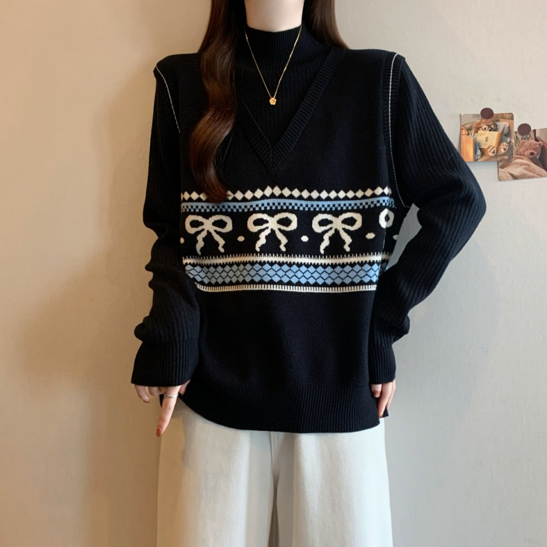 大码假两件马甲拼接半高领毛衣女秋冬胖MM宽松显瘦百搭洋气针织衫