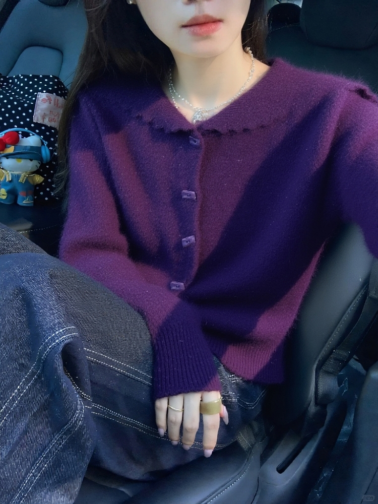 法式复古海军领紫色毛衣女秋冬2025新款洋气减龄显瘦针织开衫上衣
