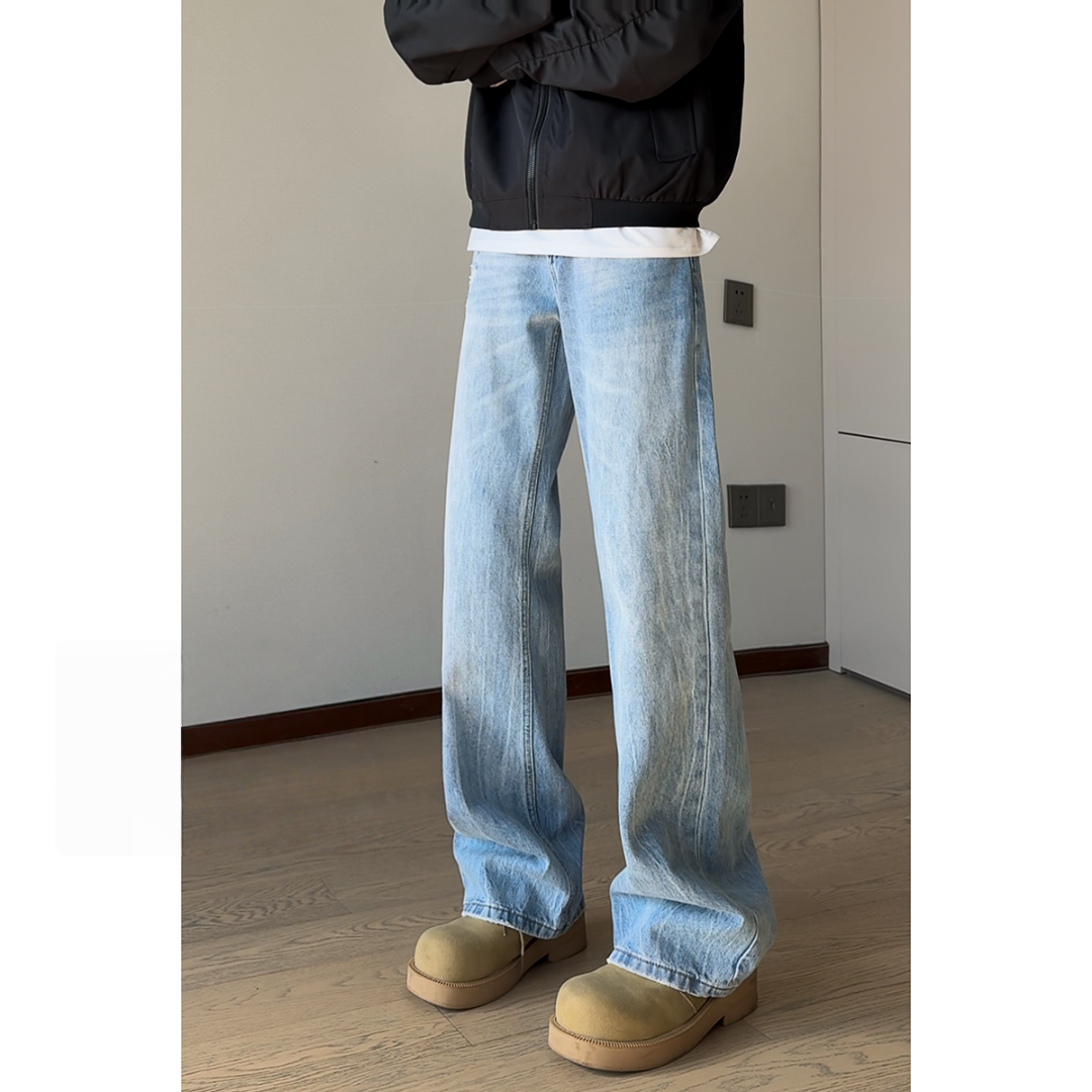 秋季闪电裂纹水洗蓝牛直筒休闲裤子男显瘦磨破情侣百搭微喇牛仔裤