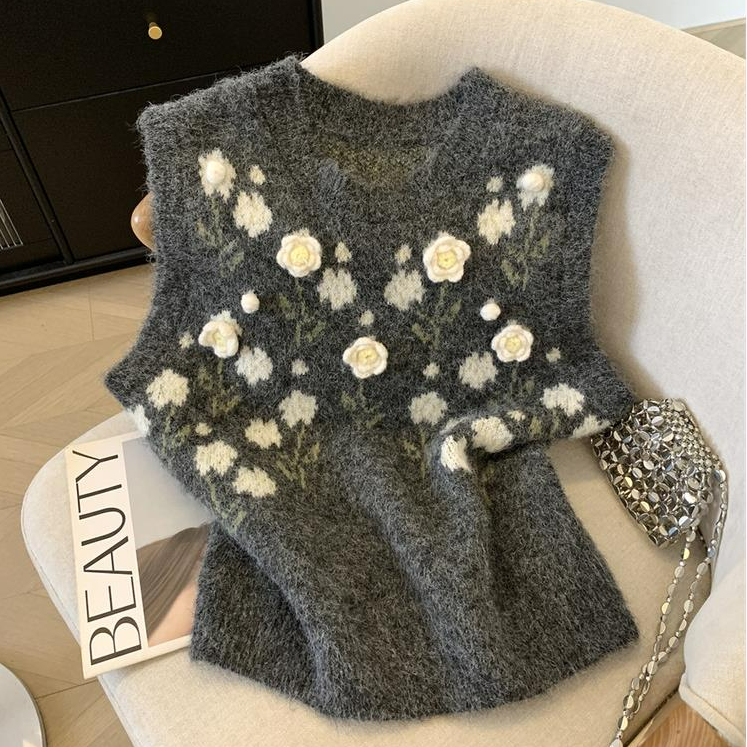 秋冬季新款韩系甜美立体花朵针织马甲女宽松慵懒风时尚叠穿背心潮
