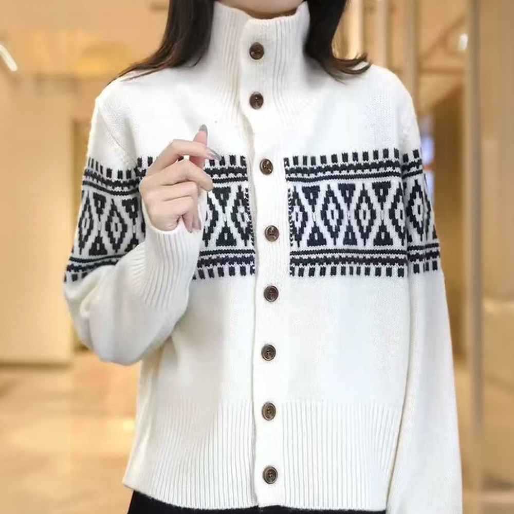 秋冬新款气质减龄时尚高领撞色开衫外套高端时髦拼色加厚显瘦毛衣