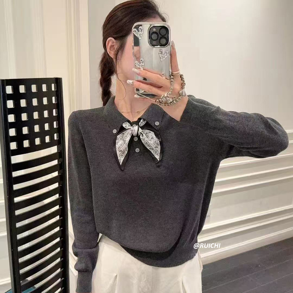 2025早秋韩系新款POLO领带丝巾小马刺绣薄款高级长袖针织衫上衣女