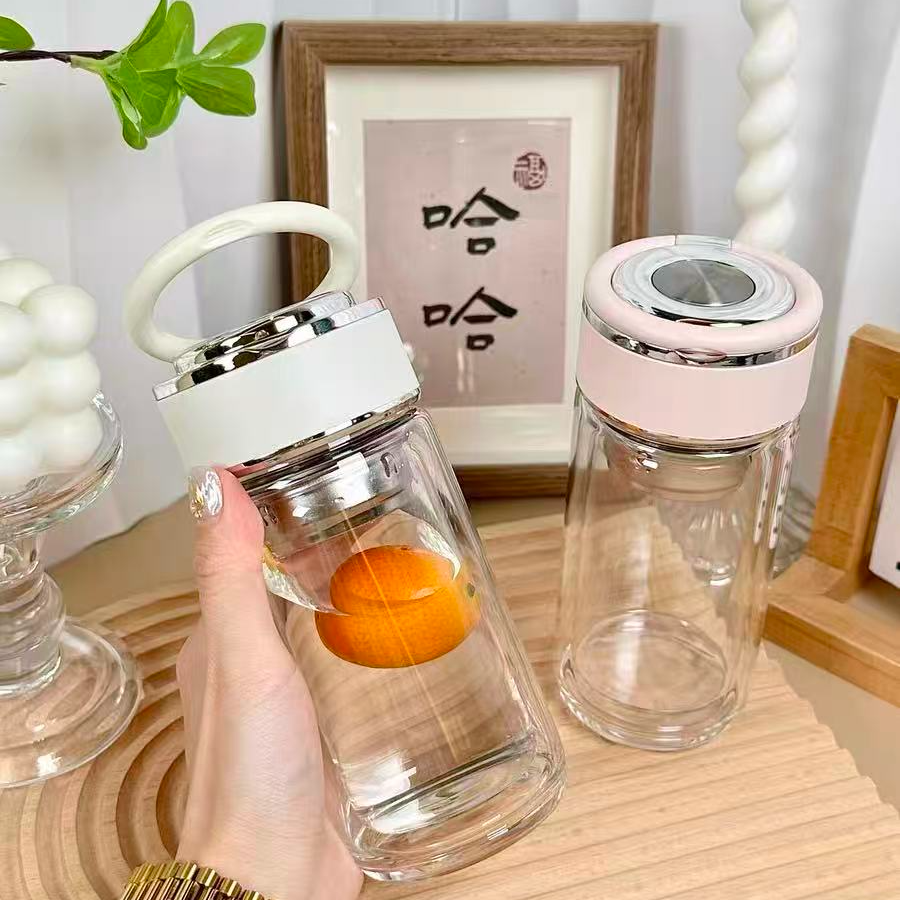 玻璃带拉环水杯2025新款双层玻璃杯分离泡茶杯子便携小巧玻璃茶杯