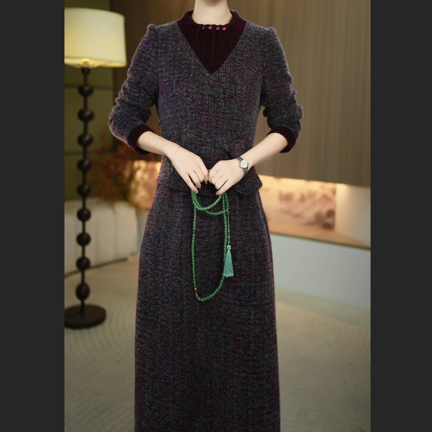 【暖晴川】秋冬新款新款新中式减龄娃娃领中长款气质连衣裙