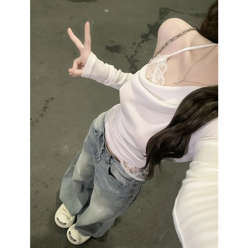 韩系一整套纯欲穿搭独特漂亮白色假两件上衣阔腿牛仔裤两件套早秋