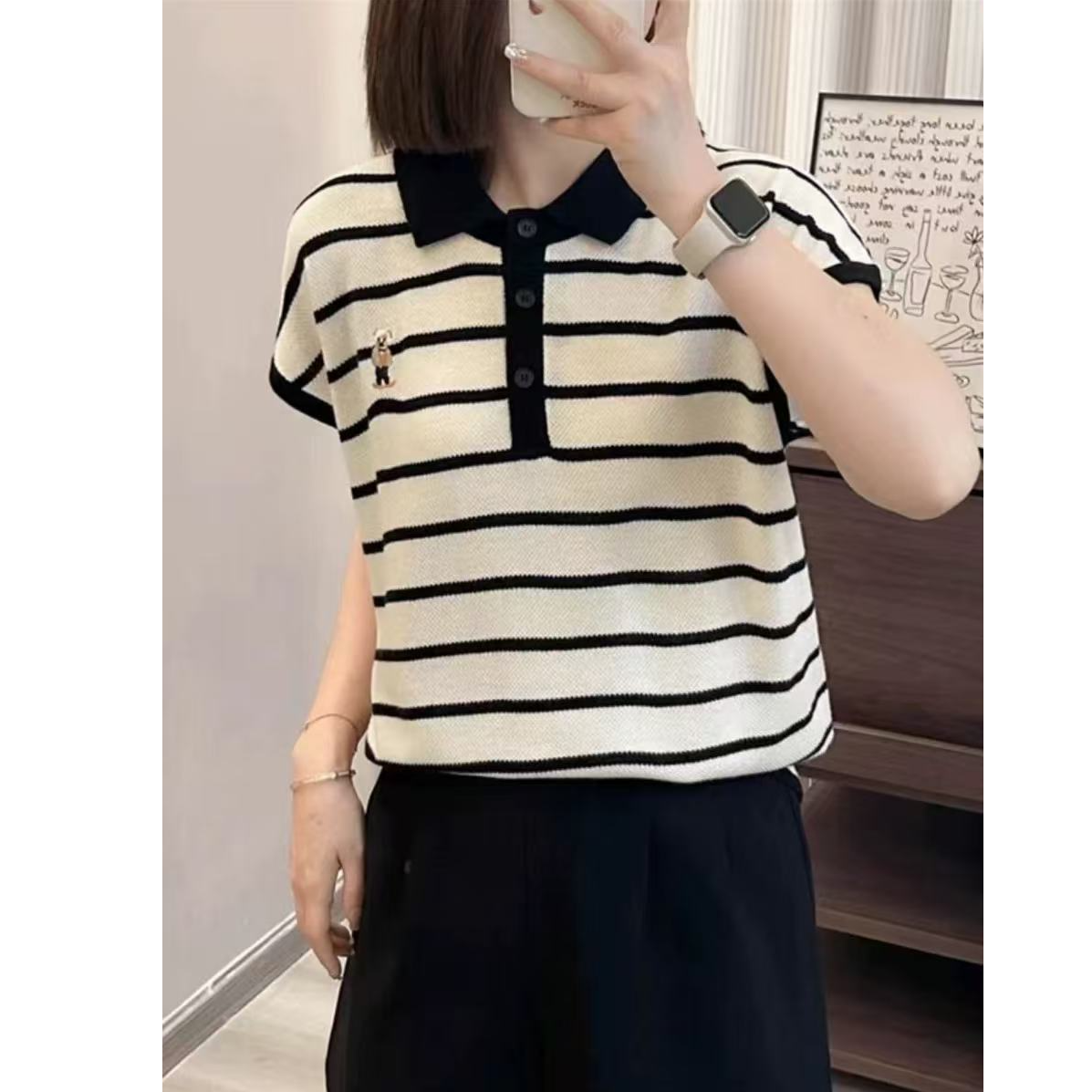 飞飞袖短袖针织衫女薄款夏季新款时尚洋气宽松条纹刺绣上衣1165