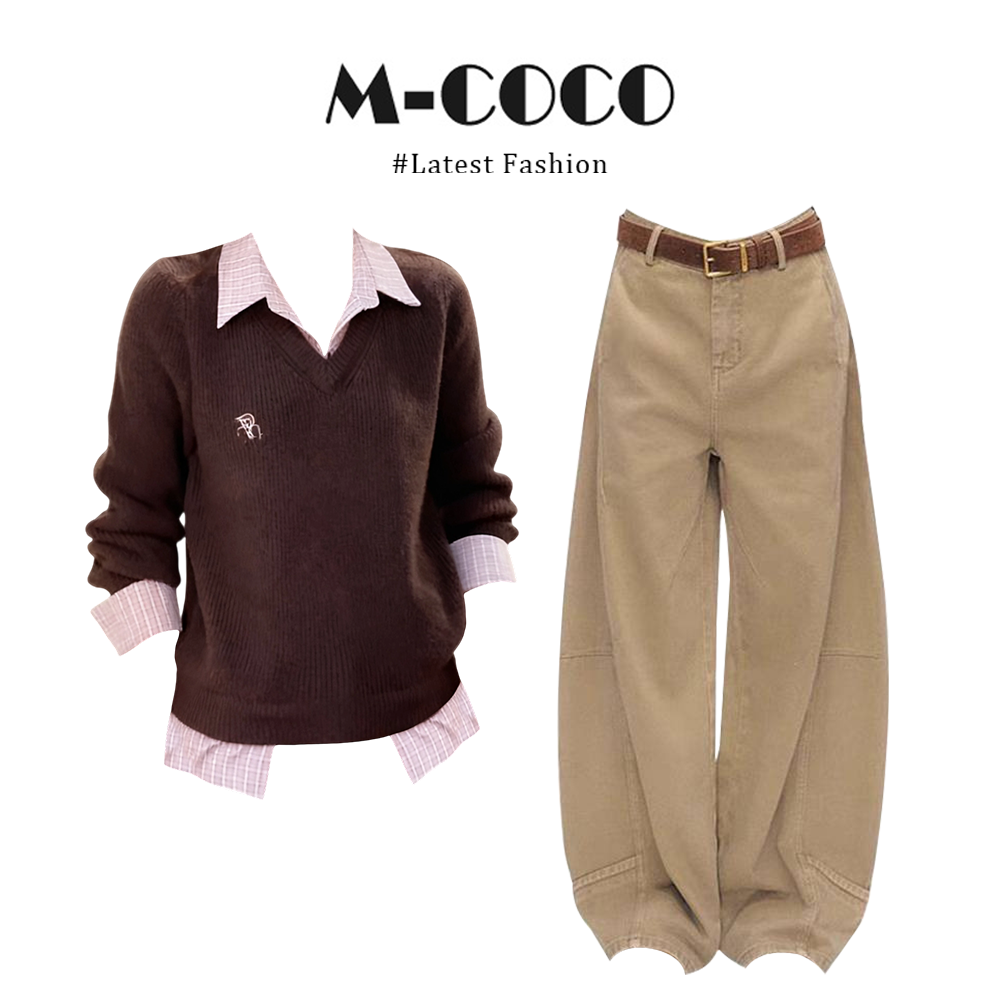 INS CEC韩系时髦洋气假两件衬衫冬针织毛衣上衣工装牛仔裤两件套