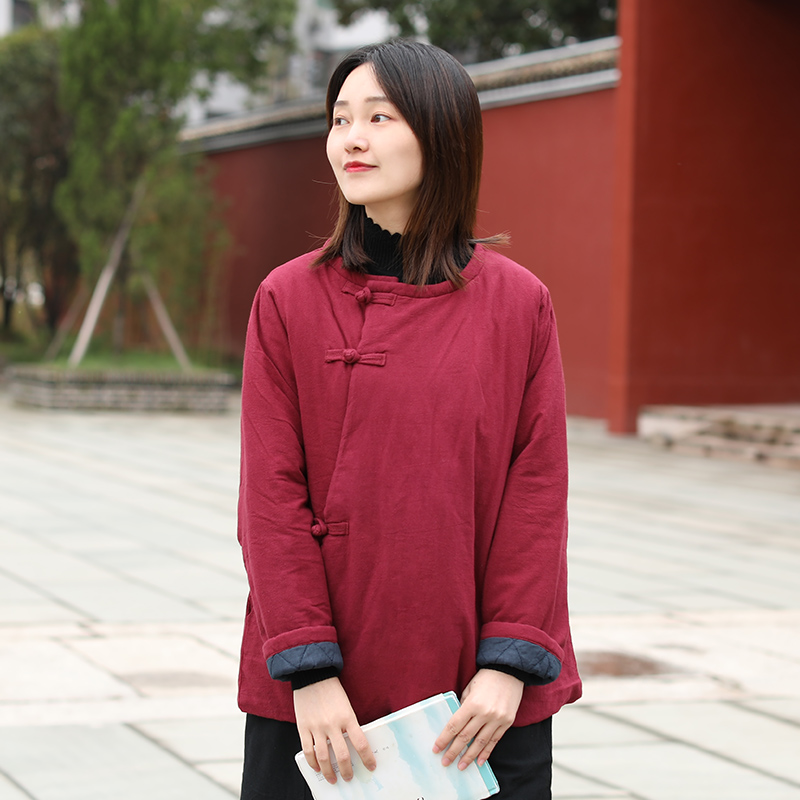 冬季中国风加棉复古纯色短外套棉麻新中式保暖棉衣禅服女茶服棉袄