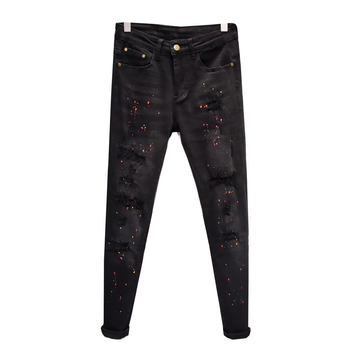 泼墨破洞牛仔裤男黑色修身补丁小脚痞帅弹力潮牌潮流韩版休闲长裤